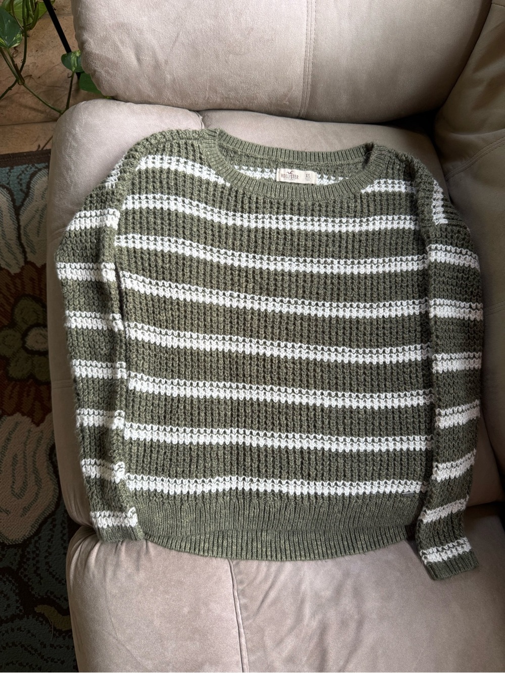 Hollister Olive Green and White Striped Crewneck Sweater